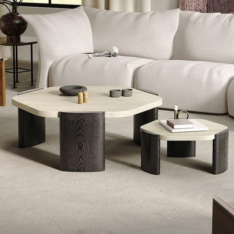 Scandinavian Travertine Top Hexagon Coffee Table with Wood Base Main Product Image