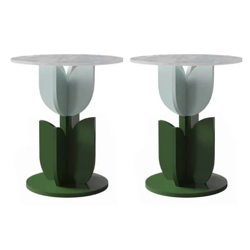 Scandinavian Tulip-Shaped Wood and Glass Side Table Set