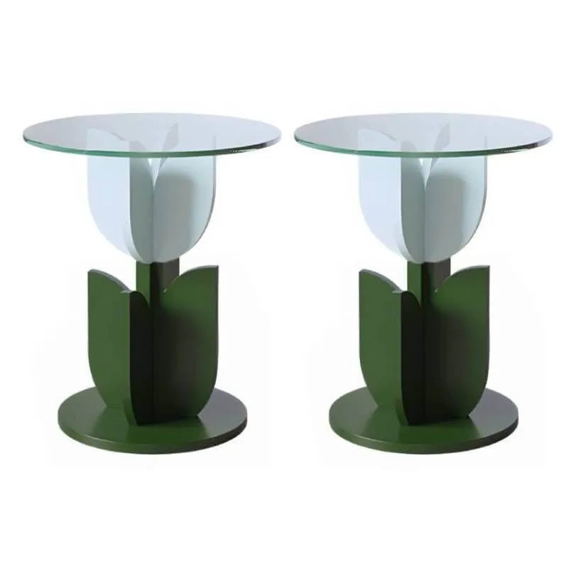 Scandinavian Tulip-Shaped Wood and Glass Side Table Set
