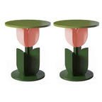 Scandinavian Tulip-Shaped Wood and Glass Side Table Set