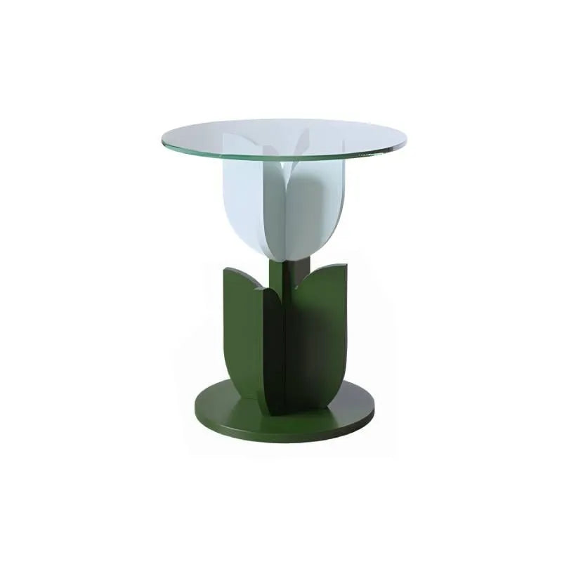 Scandinavian Tulip-Shaped Wood and Glass Side Table Set