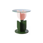 Scandinavian Tulip-Shaped Wood and Glass Side Table Set