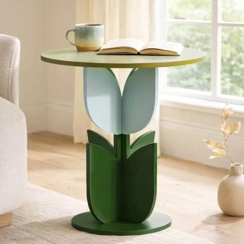 Scandinavian Tulip-Shaped Wood and Glass Side Table Set