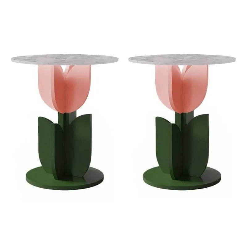 Scandinavian Tulip-Shaped Wood and Glass Side Table Set