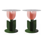 Scandinavian Tulip-Shaped Wood and Glass Side Table Set