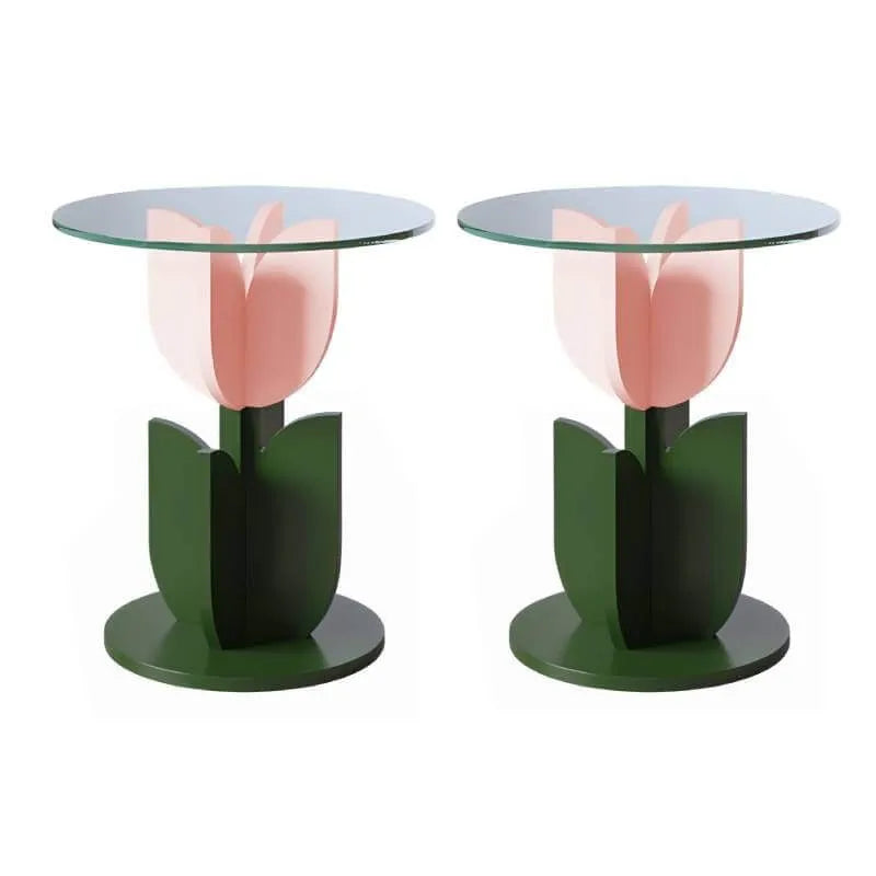 Scandinavian Tulip-Shaped Wood and Glass Side Table Set