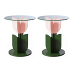 Scandinavian Tulip-Shaped Wood and Glass Side Table Set