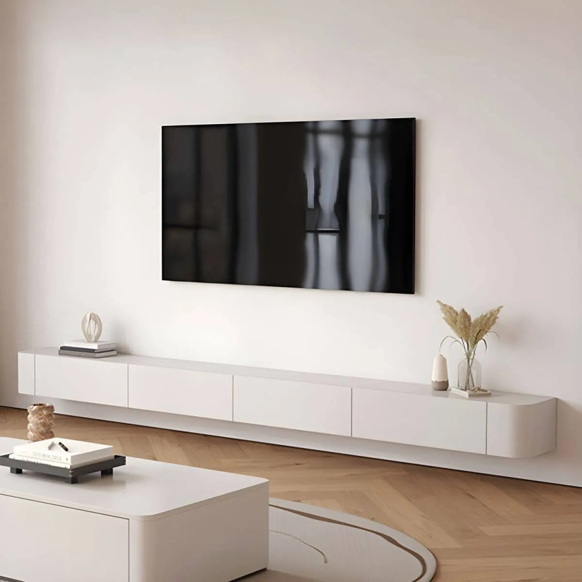 Scandinavian Wall-Mounted TV Stand with Drawers in White & Grey Secondary image