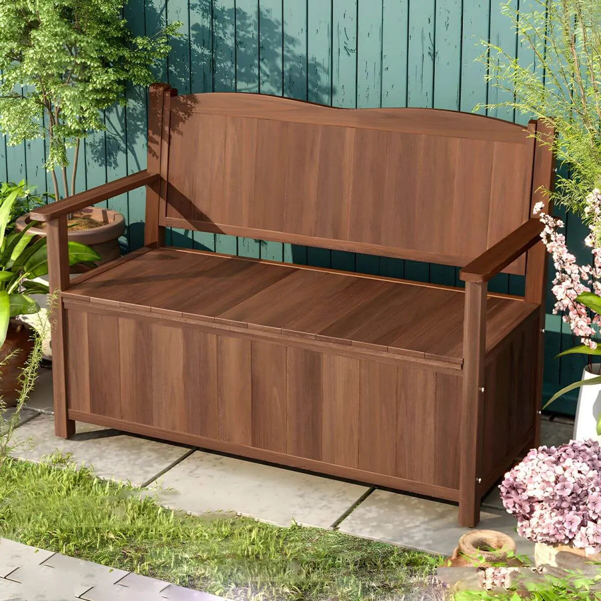 Scandinavian waterproof garden bench with built-in storage compartment and curved ergonomic backrest