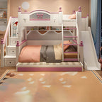 Scandinavian White Rubberwood Kids Bunk Bed with Bookcase and Trundle