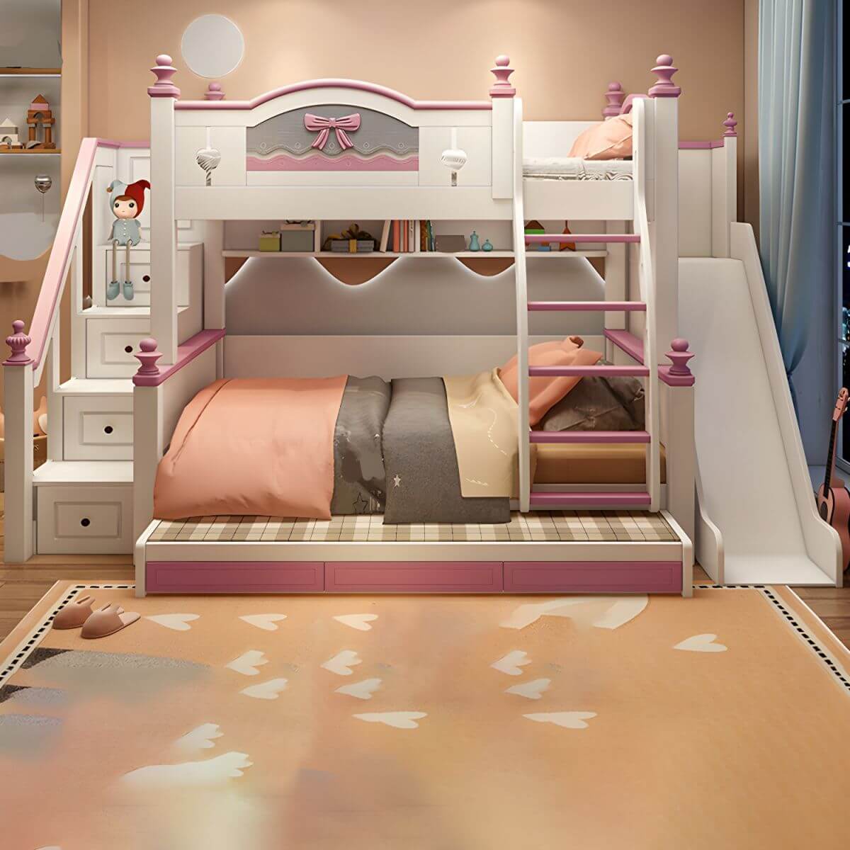 Scandinavian White Rubberwood Kids Bunk Bed with Bookcase and Trundle