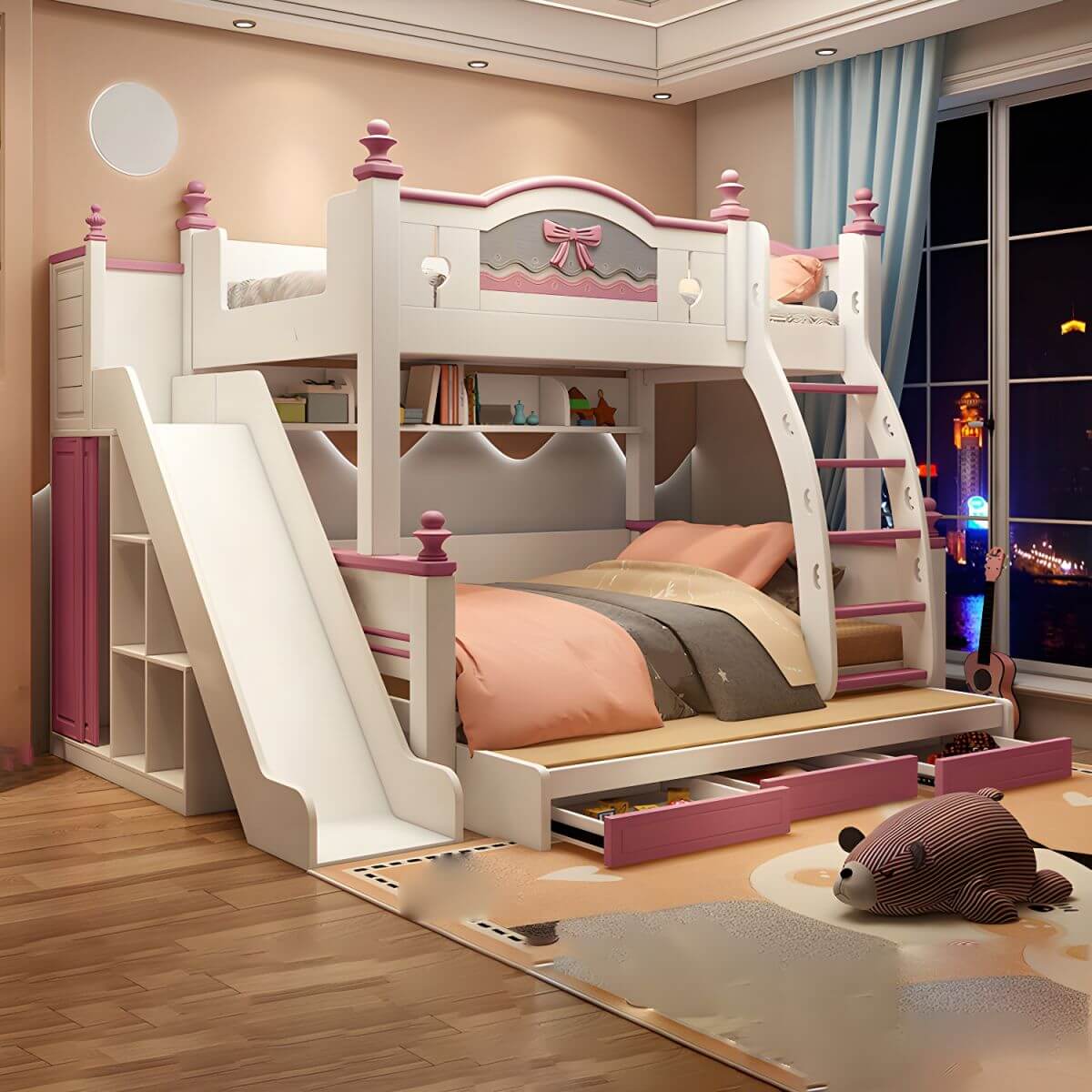 Scandinavian White Rubberwood Kids Bunk Bed with Bookcase and Trundle