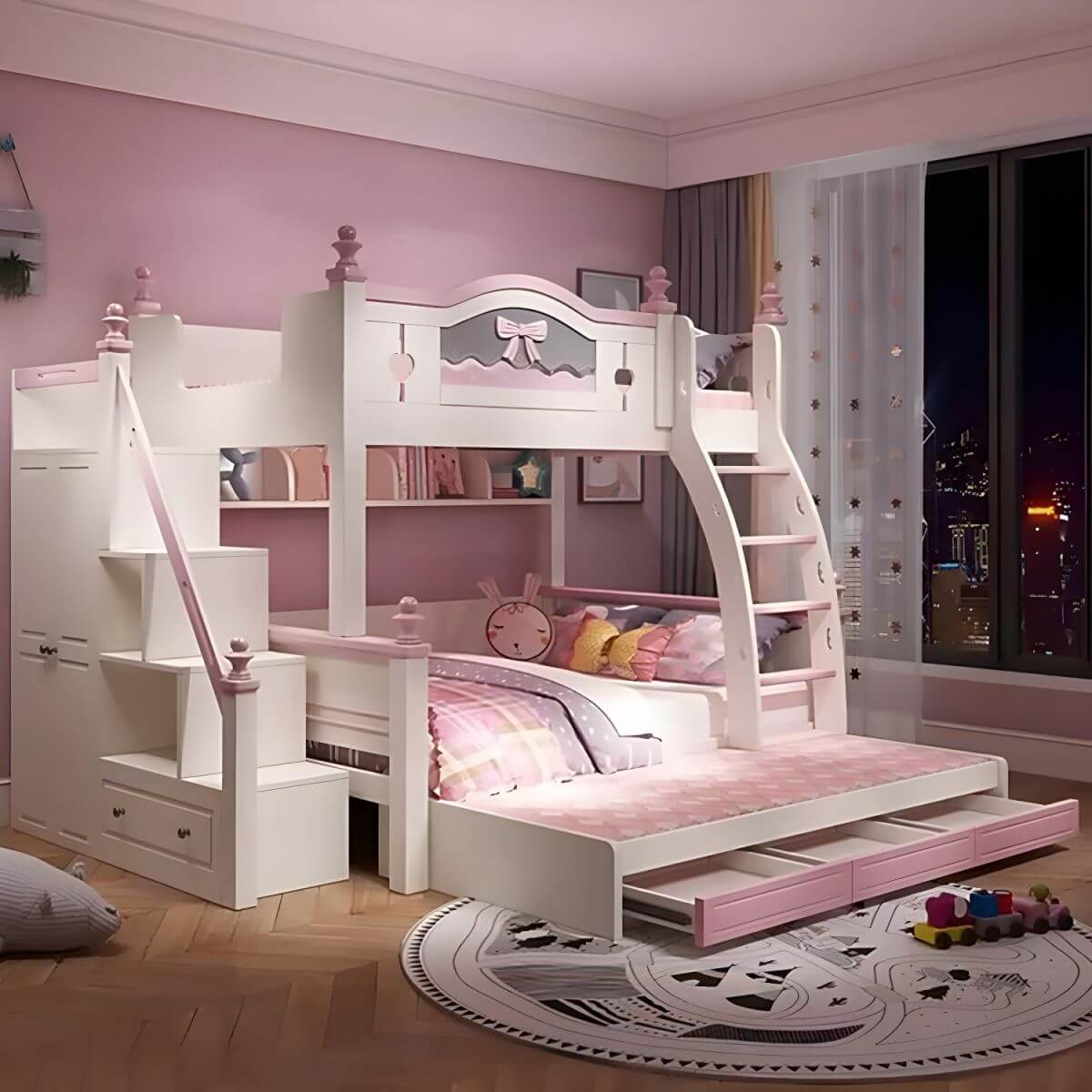 Scandinavian White Rubberwood Kids Bunk Bed with Bookcase and Trundle Secondary image