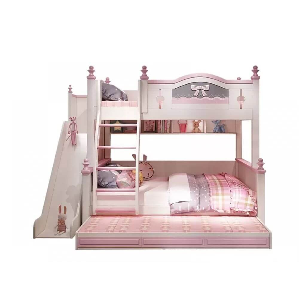 Scandinavian White Rubberwood Kids Bunk Bed with Bookcase and Trundle