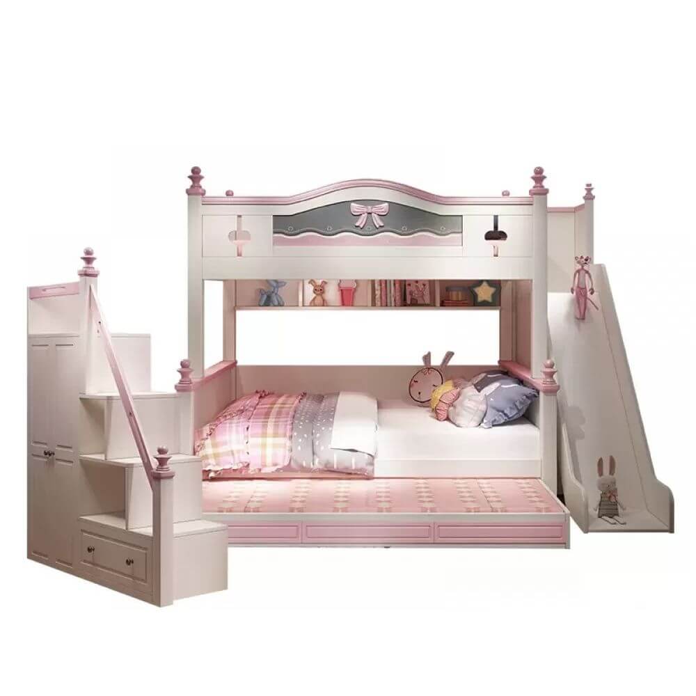 Scandinavian White Rubberwood Kids Bunk Bed with Bookcase and Trundle