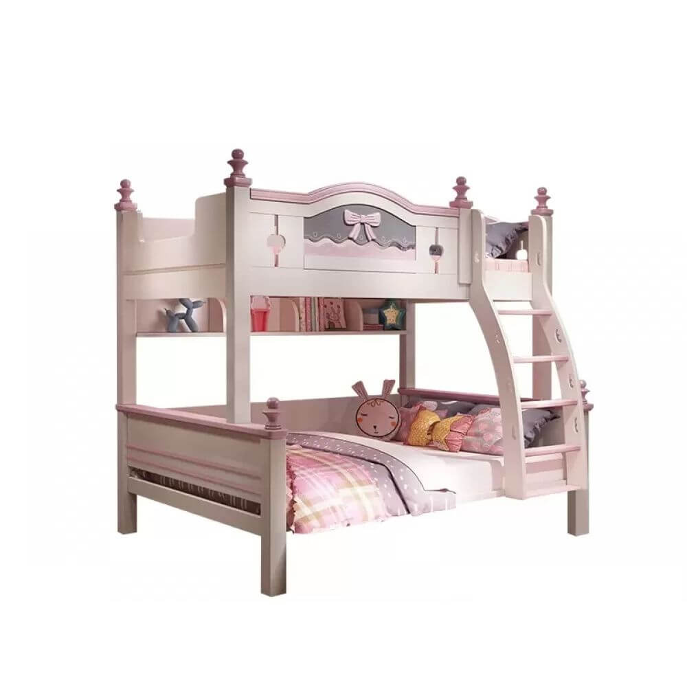 Scandinavian White Rubberwood Kids Bunk Bed with Bookcase and Trundle