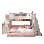 Scandinavian White Rubberwood Kids Bunk Bed with Bookcase and Trundle