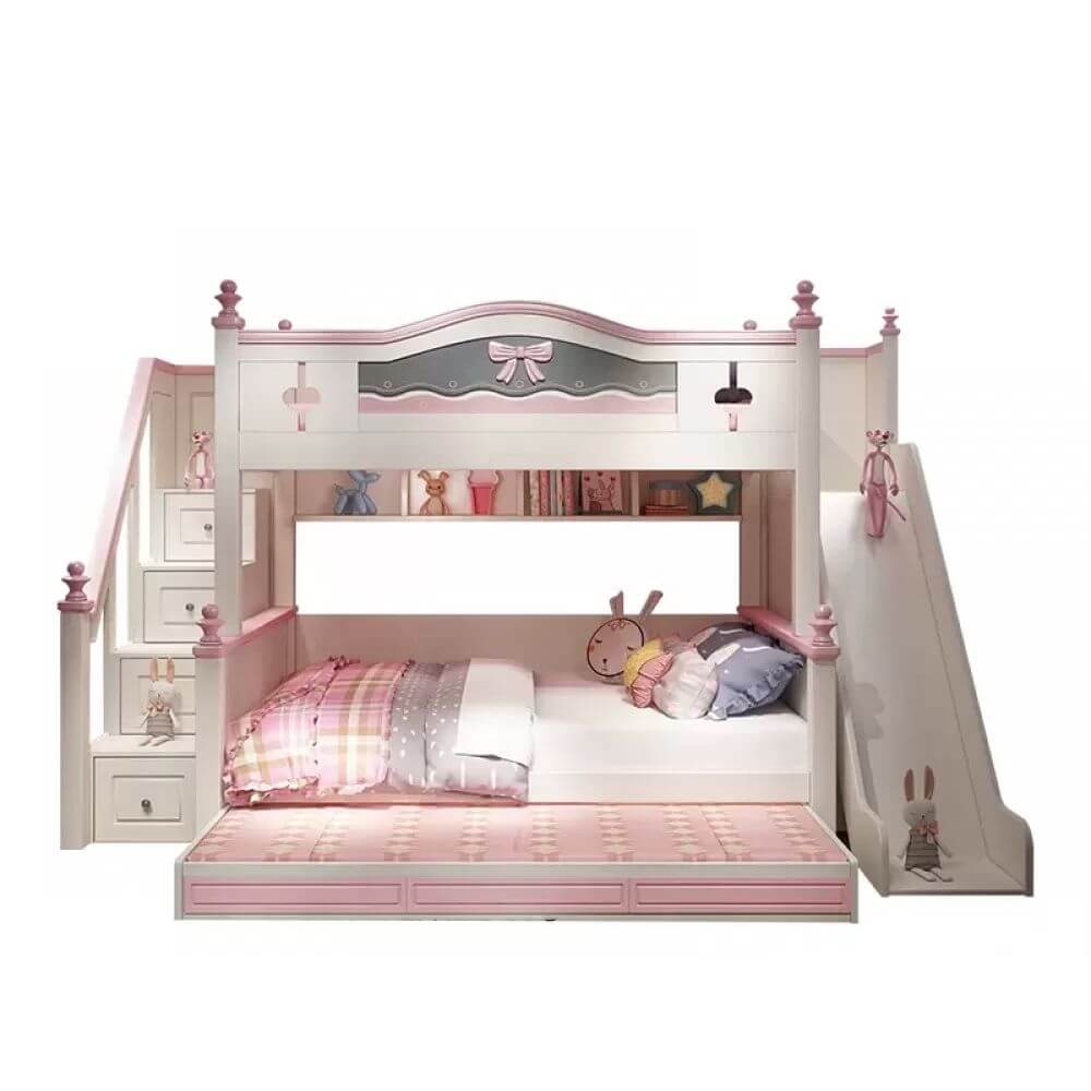 Scandinavian White Rubberwood Kids Bunk Bed with Bookcase and Trundle