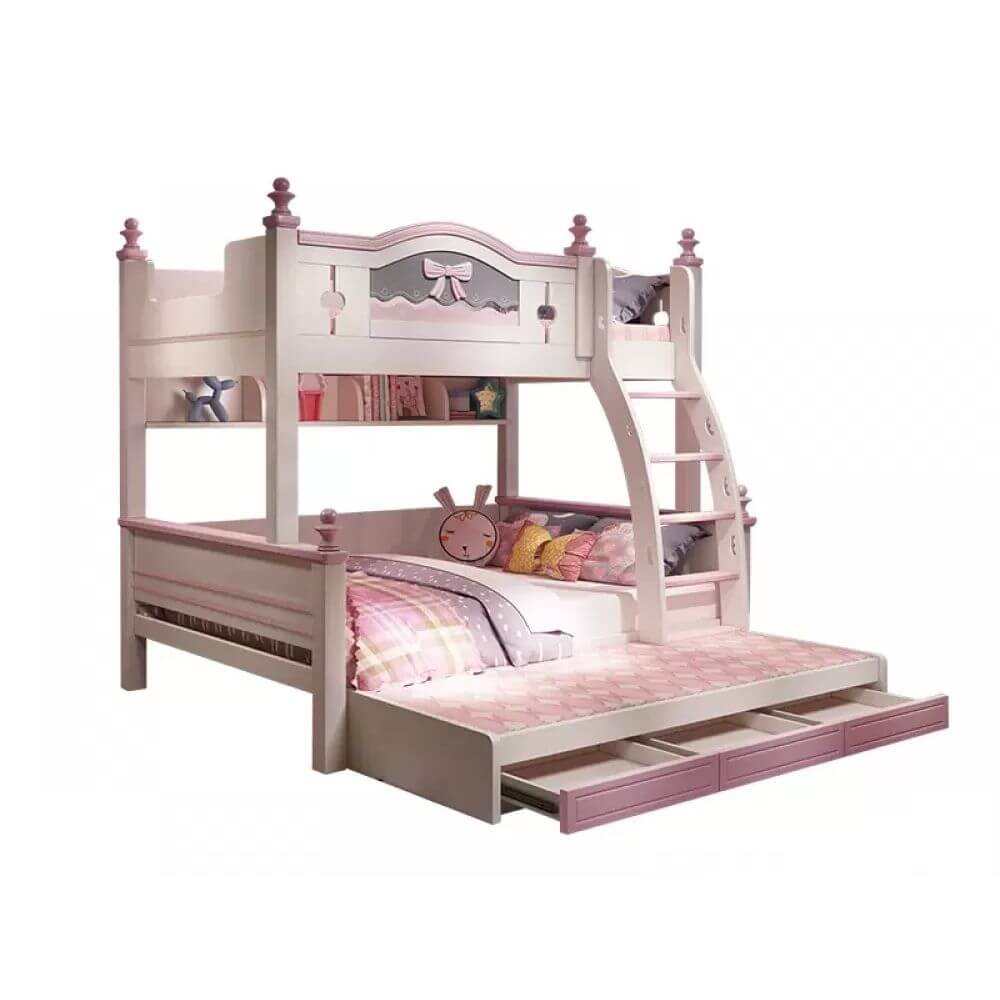 Scandinavian White Rubberwood Kids Bunk Bed with Bookcase and Trundle
