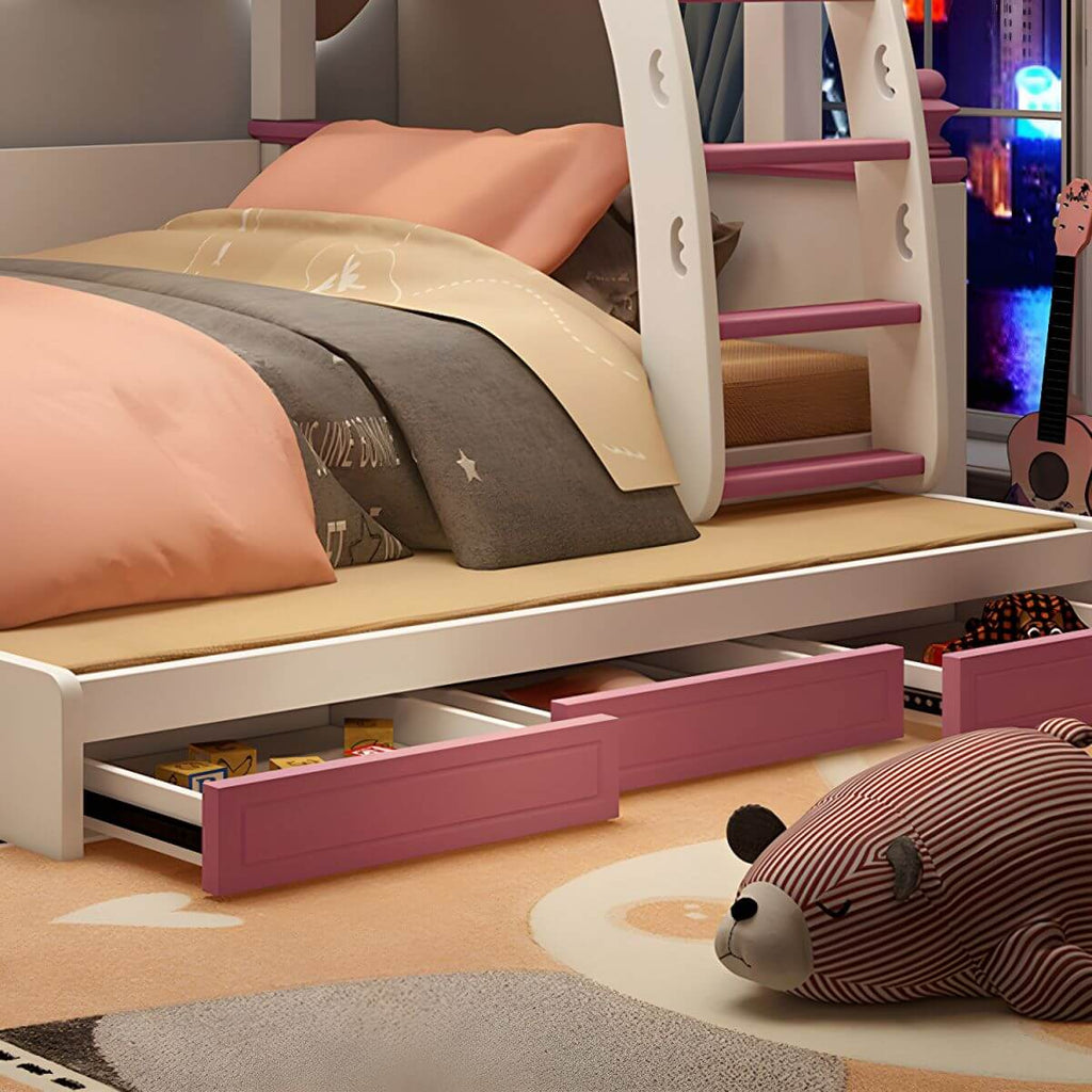 Scandinavian White Rubberwood Kids Bunk Bed with Bookcase and Trundle