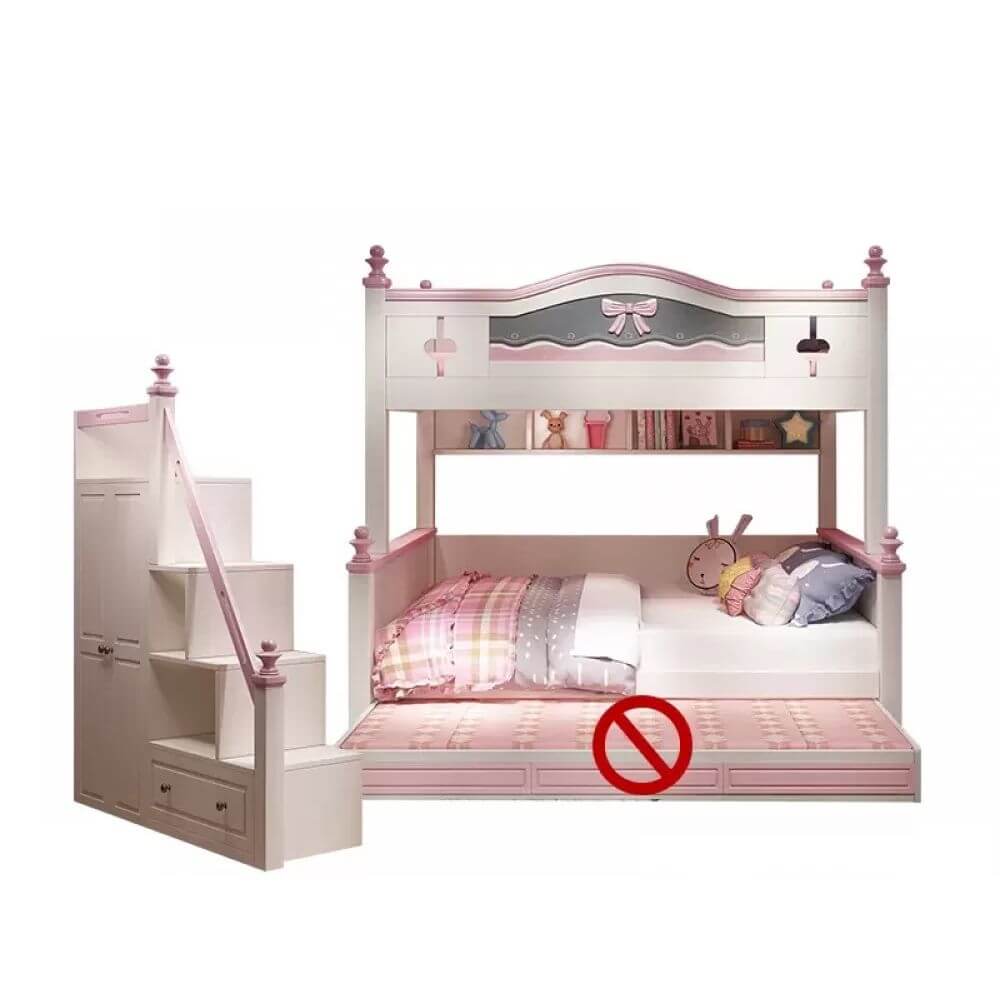 Scandinavian White Rubberwood Kids Bunk Bed with Bookcase and Trundle