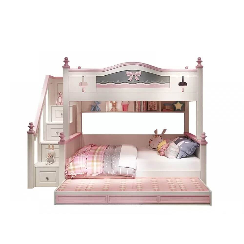 Scandinavian White Rubberwood Kids Bunk Bed with Bookcase and Trundle