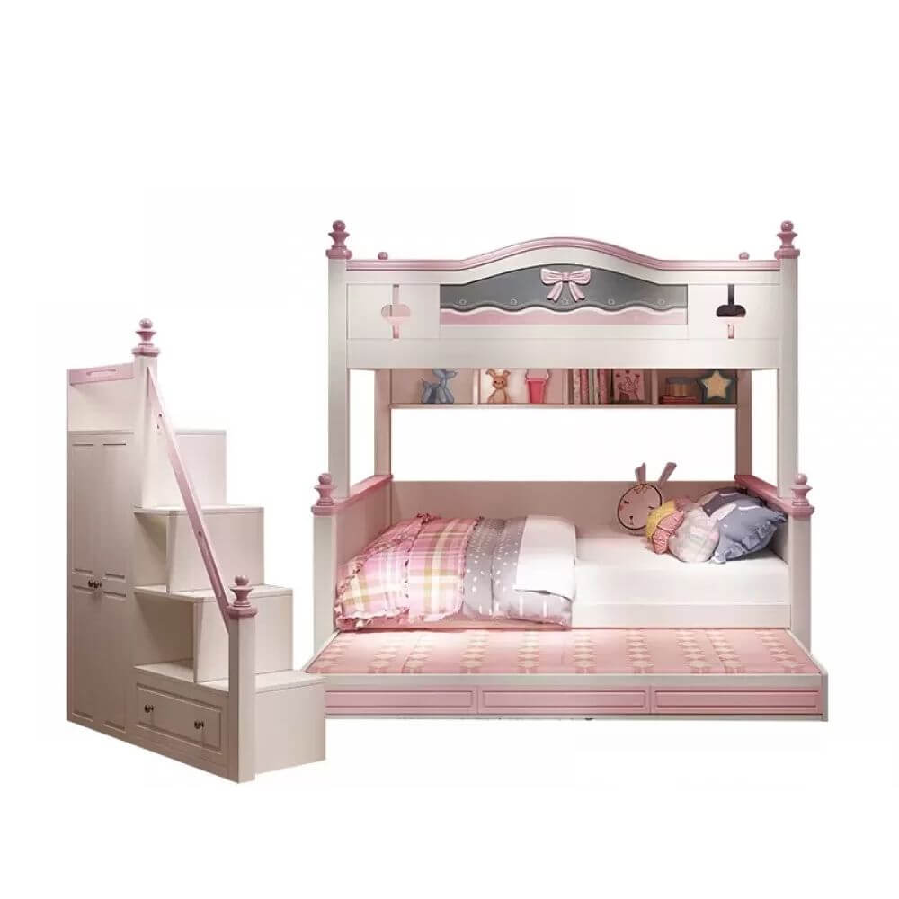Scandinavian White Rubberwood Kids Bunk Bed with Bookcase and Trundle