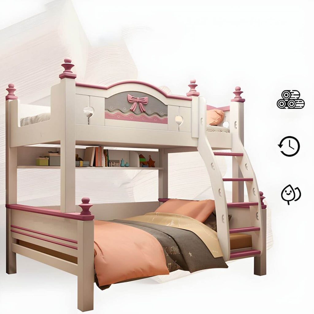 Scandinavian White Rubberwood Kids Bunk Bed with Bookcase and Trundle