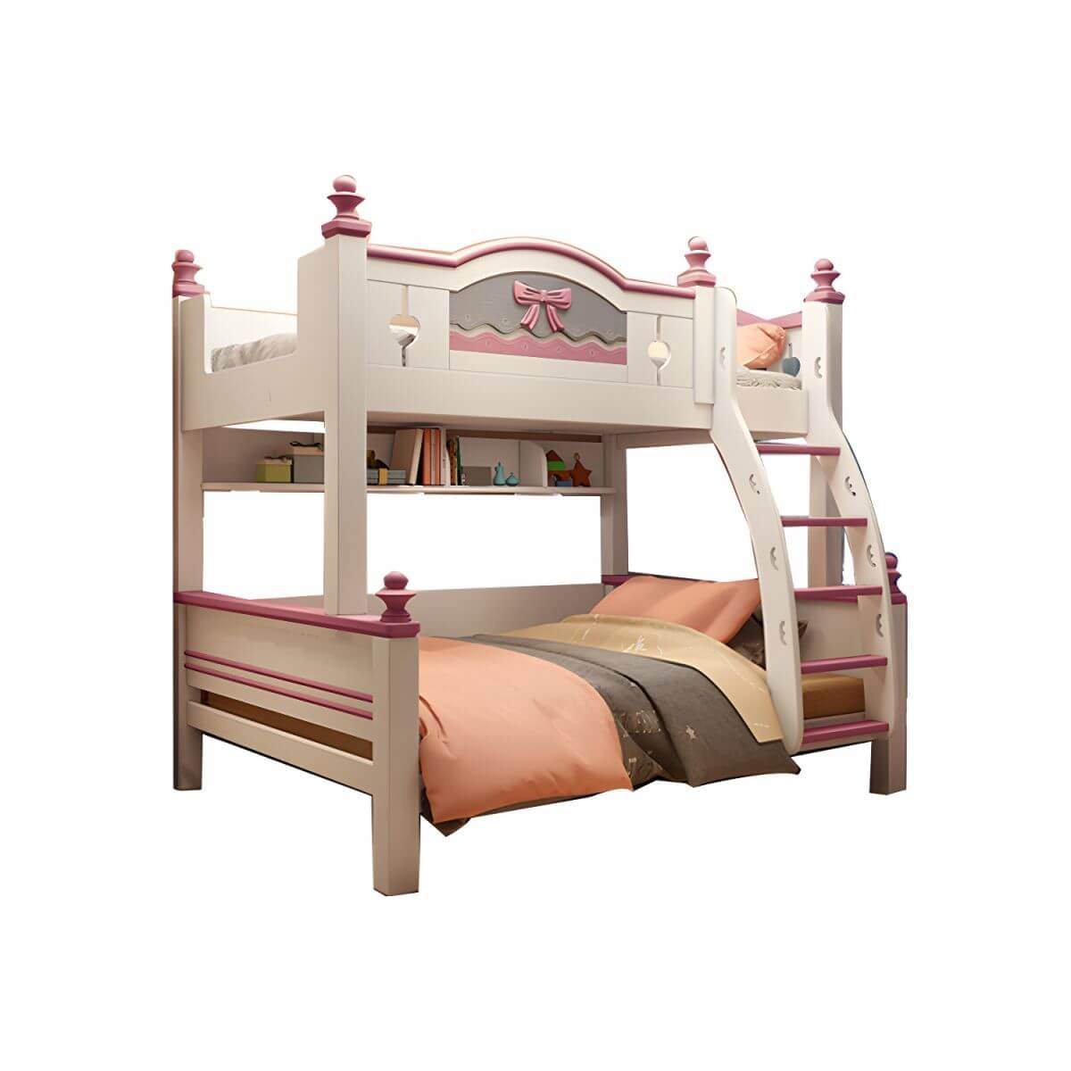 Scandinavian White Rubberwood Kids Bunk Bed with Bookcase and Trundle