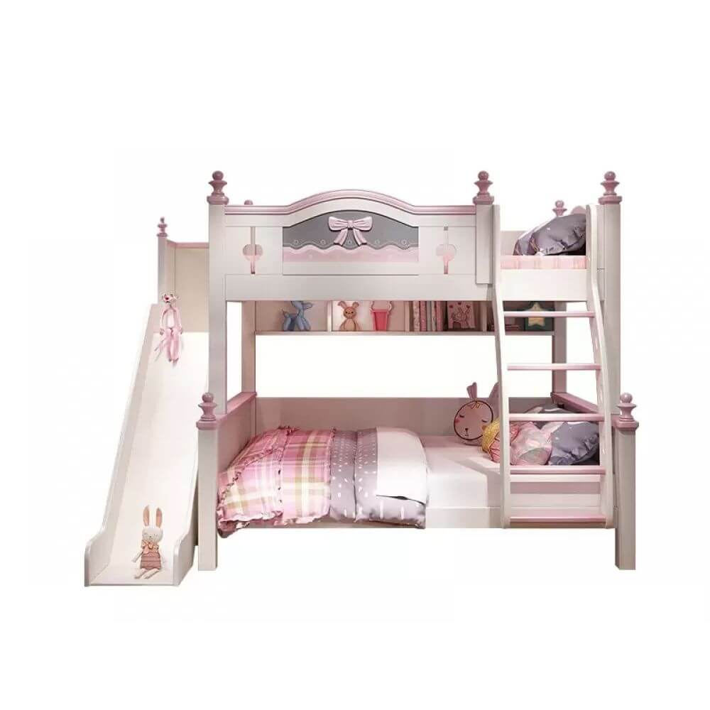 Scandinavian White Rubberwood Kids Bunk Bed with Bookcase and Trundle