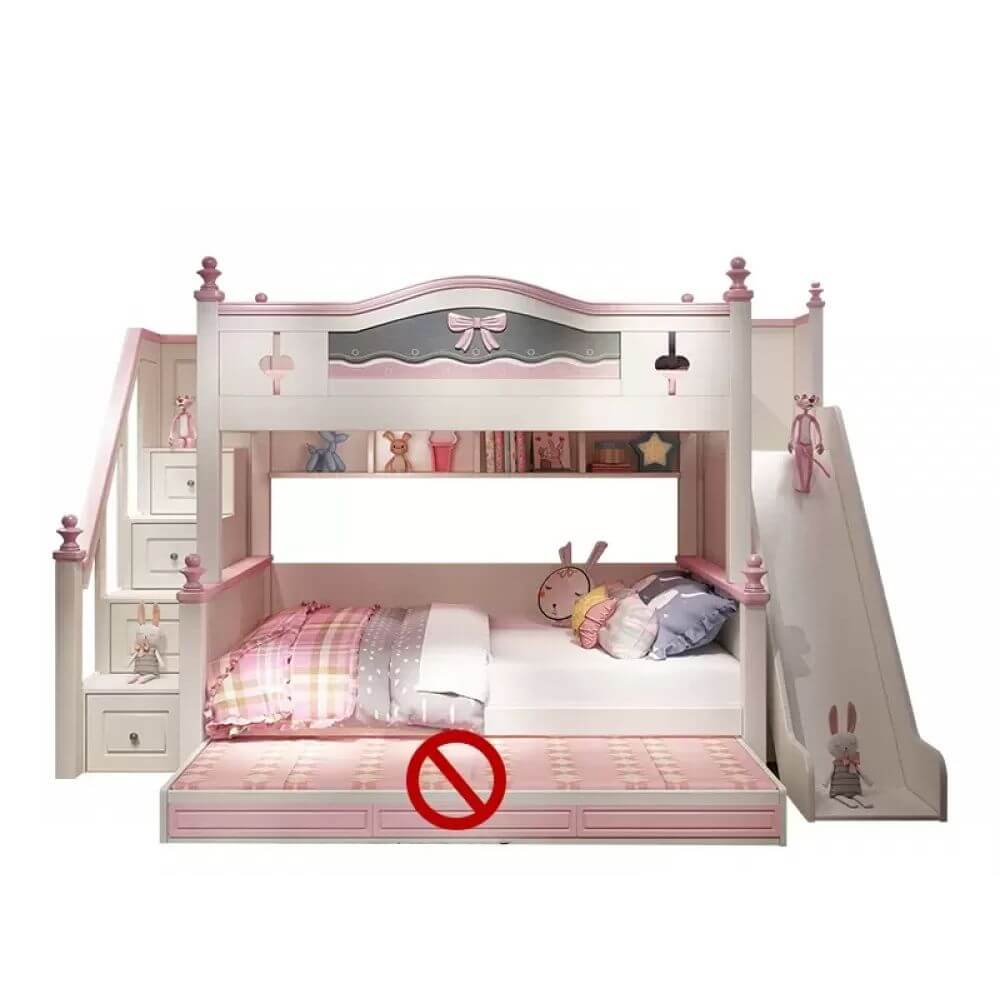 Scandinavian White Rubberwood Kids Bunk Bed with Bookcase and Trundle