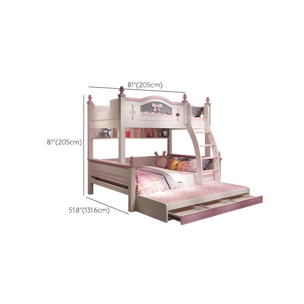 Scandinavian White Rubberwood Kids Bunk Bed with Bookcase and Trundle Dimensions