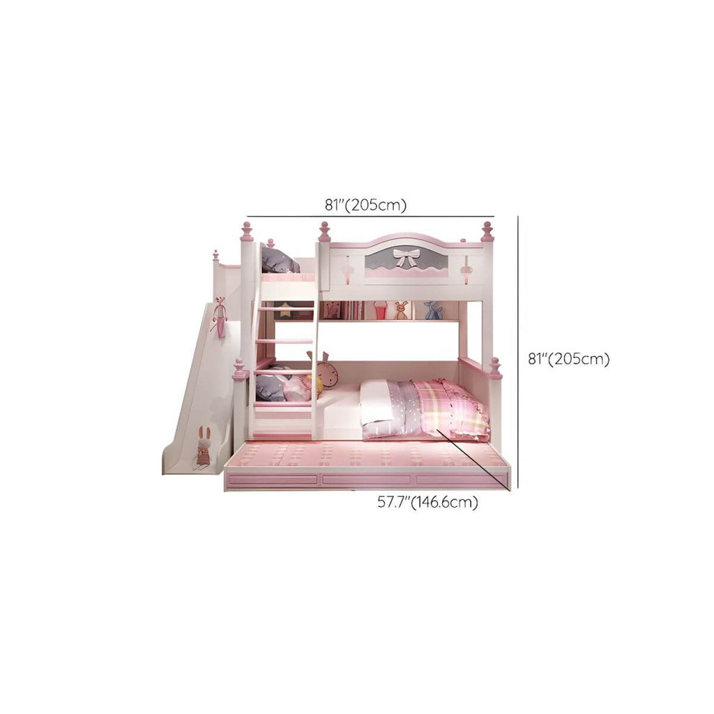 Scandinavian White Rubberwood Kids Bunk Bed with Bookcase and Trundle Dimensions