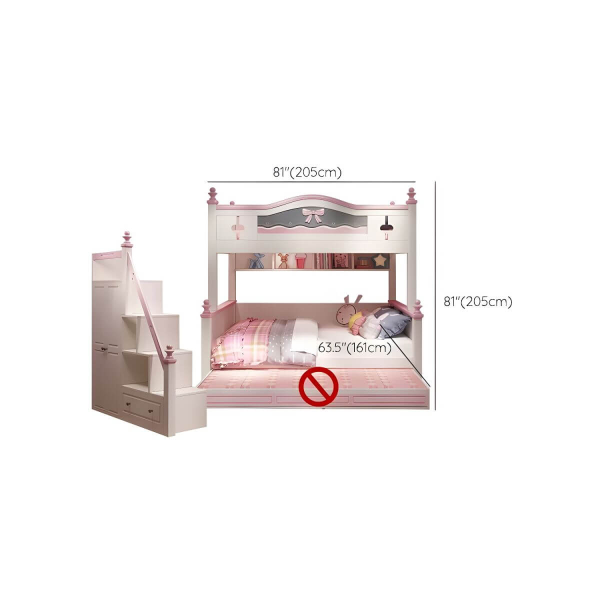 Scandinavian White Rubberwood Kids Bunk Bed with Bookcase and Trundle Dimensions