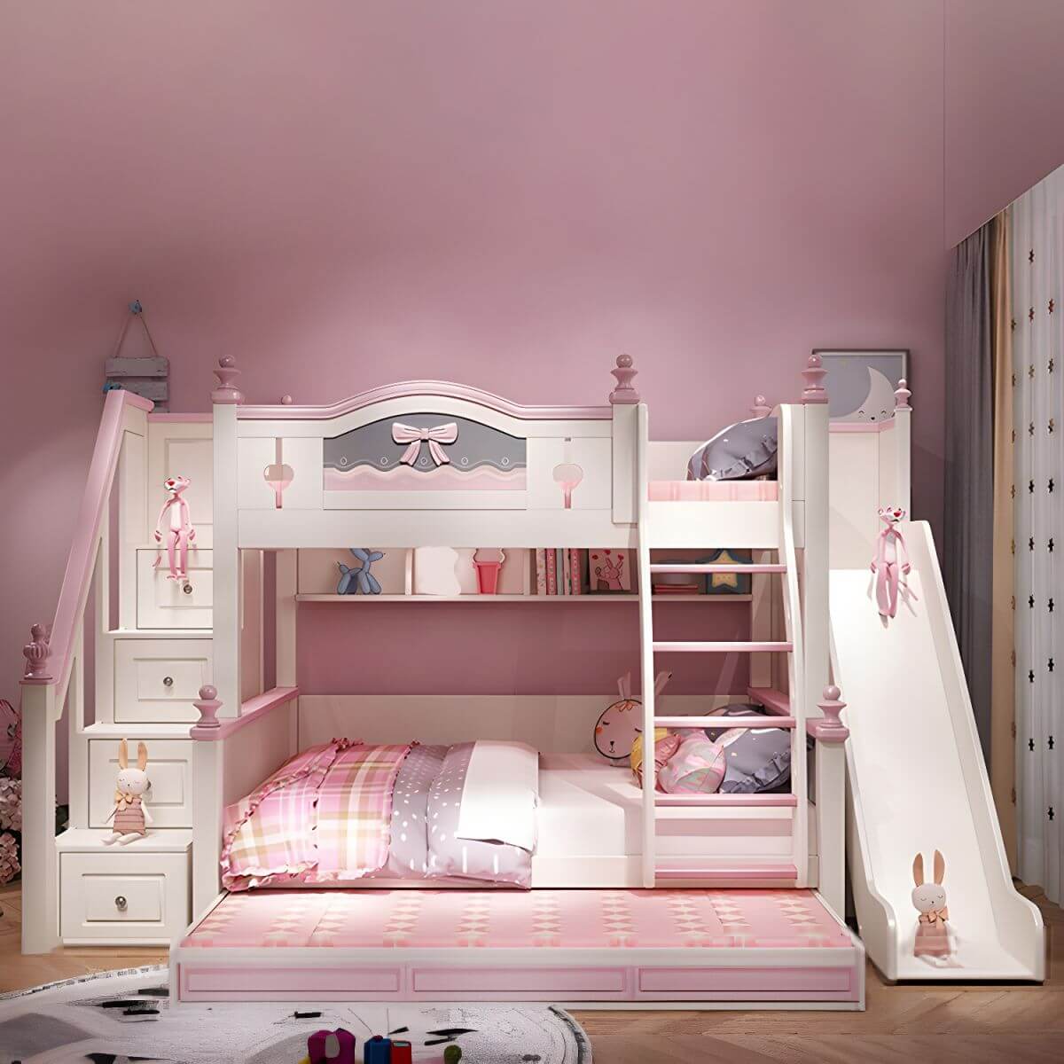 Scandinavian White Rubberwood Kids Bunk Bed with Bookcase and Trundle Main Product Image Main image