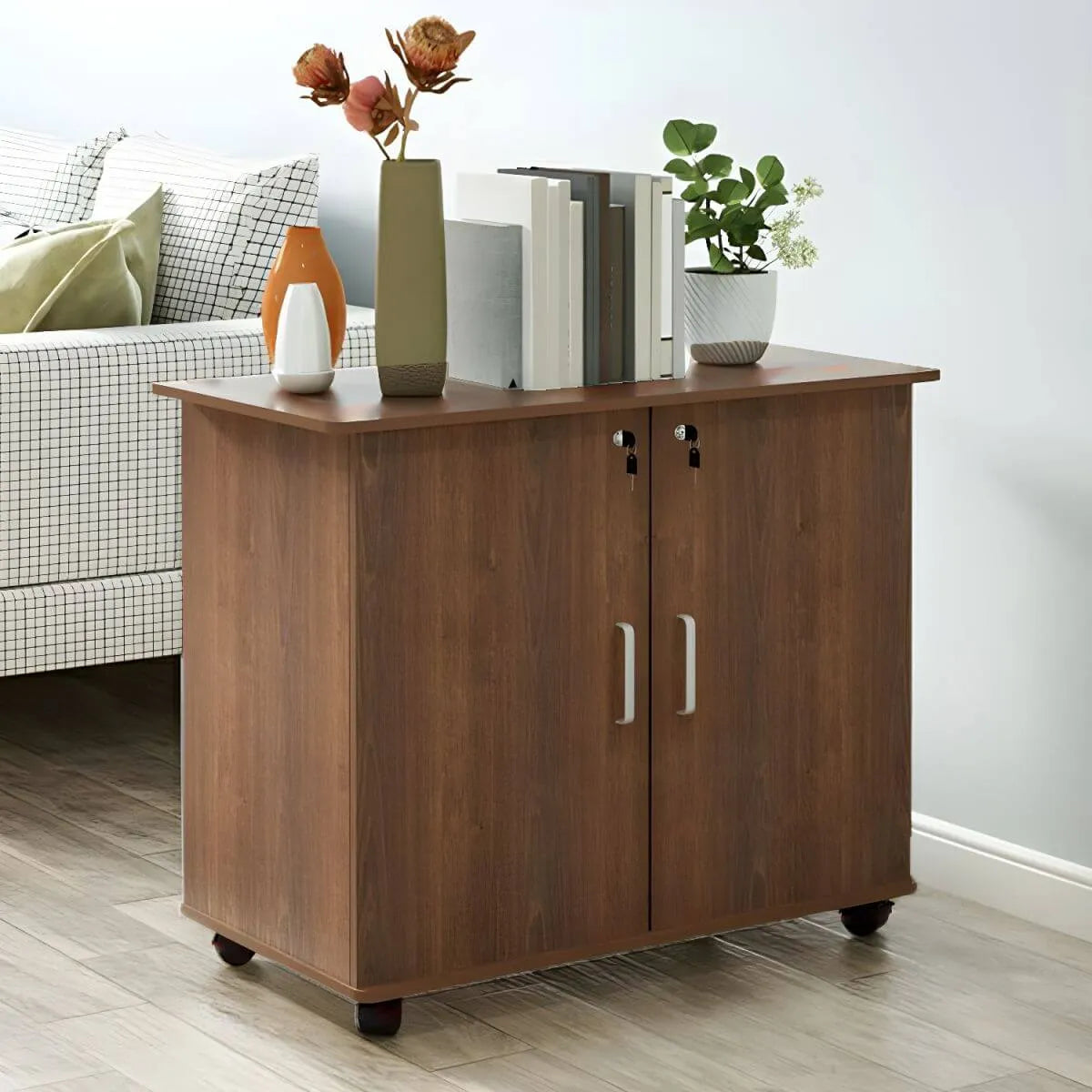 Scandinavian Wood File Cabinet With Lockable Shelves And Casters