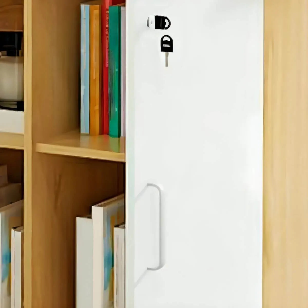Scandinavian Wood File Cabinet With Lockable Shelves And Casters
