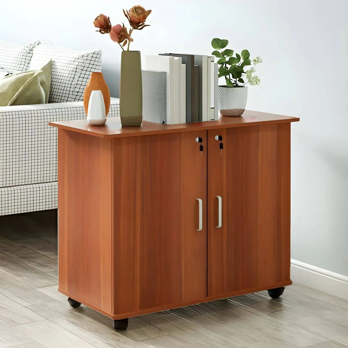 Scandinavian Wood File Cabinet With Lockable Shelves And Casters