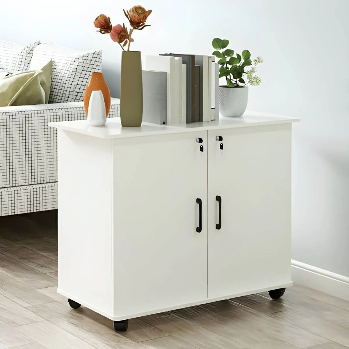 Scandinavian Wood File Cabinet With Lockable Shelves And Casters