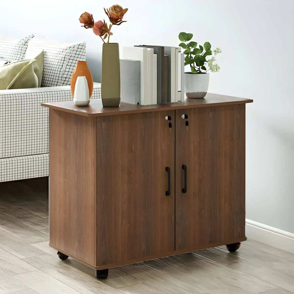 Scandinavian Wood File Cabinet With Lockable Shelves And Casters