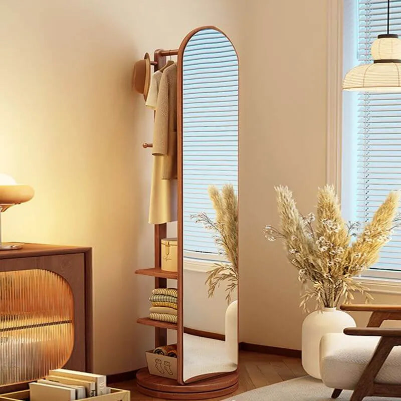 Scandinavian Wood Hall Tree with Mirror and Storage Shelves