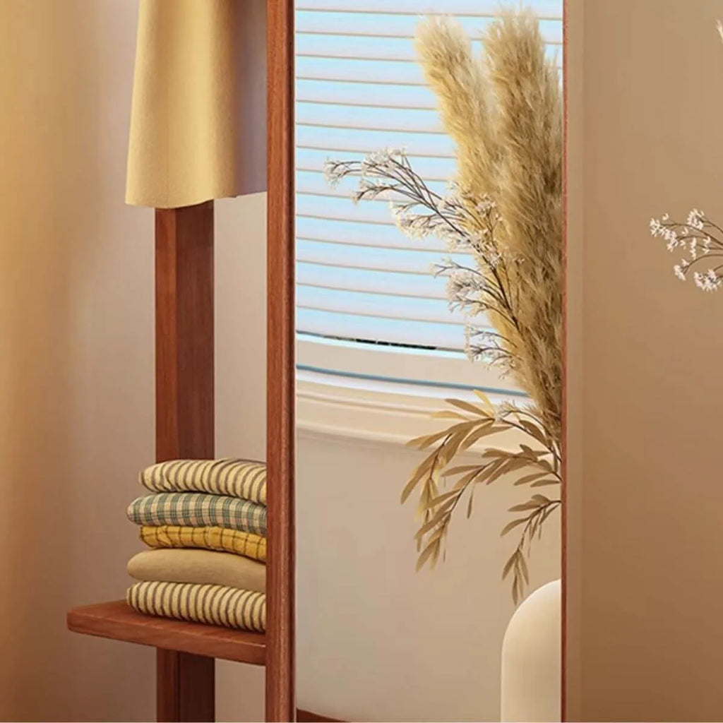 Scandinavian Wood Hall Tree with Mirror and Storage Shelves
