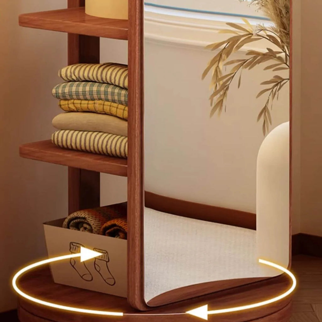 Scandinavian Wood Hall Tree with Mirror and Storage Shelves