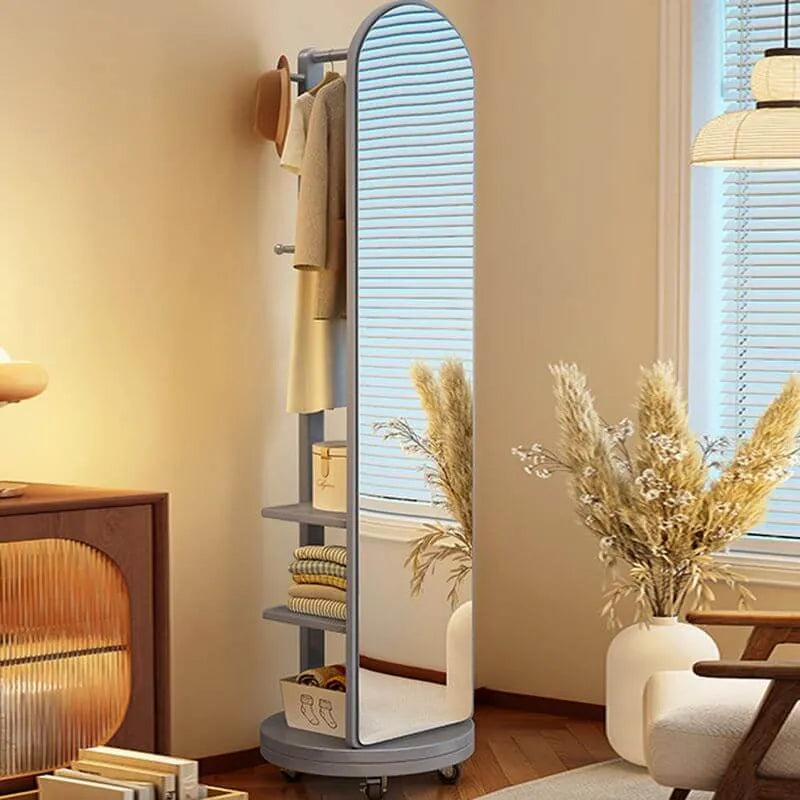 Scandinavian Wood Hall Tree with Mirror and Storage Shelves