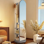 Scandinavian Wood Hall Tree with Mirror and Storage Shelves