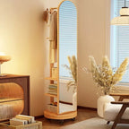 Scandinavian Wood Hall Tree with Mirror and Storage Shelves
