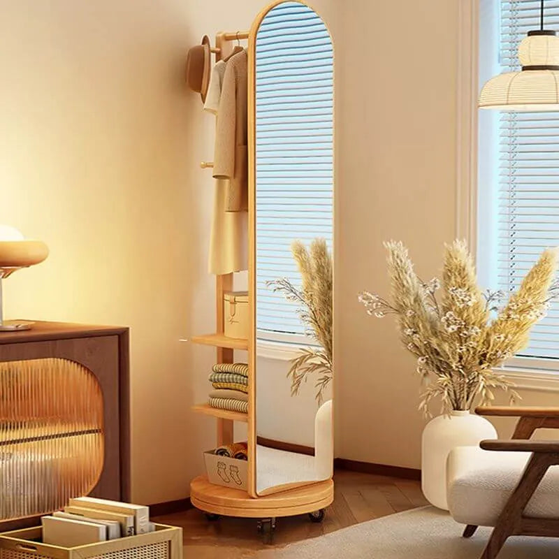 Scandinavian Wood Hall Tree with Mirror and Storage Shelves