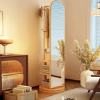 Scandinavian Wood Hall Tree with Mirror and Storage Shelves