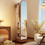 Scandinavian Wood Hall Tree with Mirror and Storage Shelves