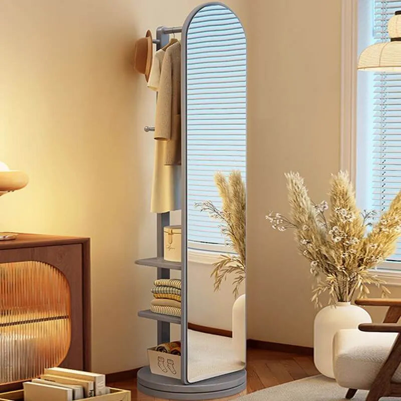 Scandinavian Wood Hall Tree with Mirror and Storage Shelves